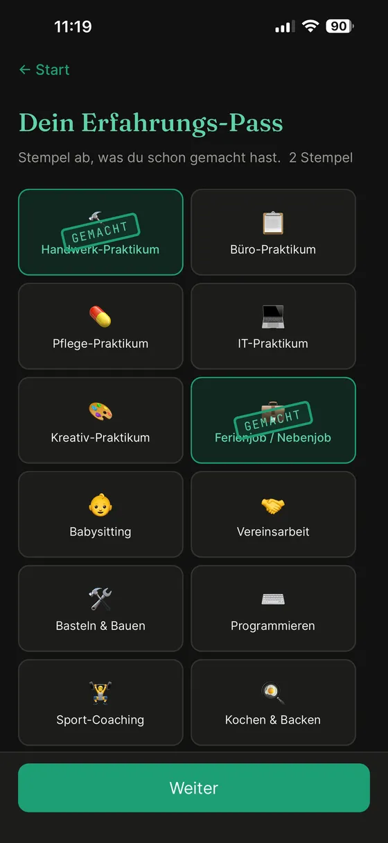 Berufspfad-App: Erfahrungs-Pass, Praktika und Nebenjobs als „Gemacht"-Stempel abhaken