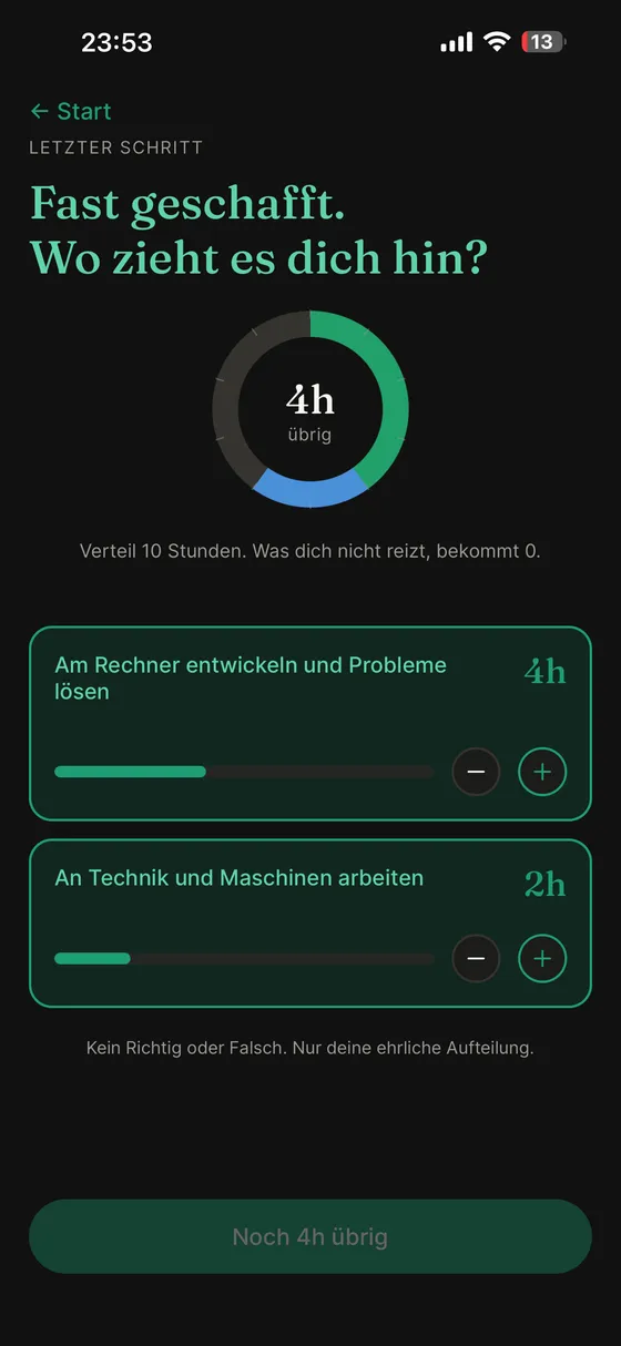 Berufspfad-App: 10 Stunden auf Tätigkeiten verteilen, der Ring zeigt die Reststunden